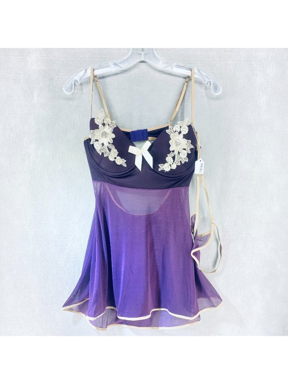 Vintage y2k Womens Lingerie Set M Purple Sheer Babydoll Teddy Sexy Pin Up 90s